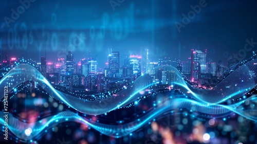 Smart city and big data connection technology concept with digital blue wavy wires with antennas on night megapolis city skyline background, double exposure    photo