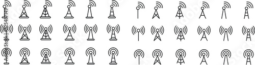 Antenna line icon set. Radio antenna black linear vector isolated on transparent background. Radio tower. Communication towers outline collection. Transmitter receiver wireless signal. Easily editable