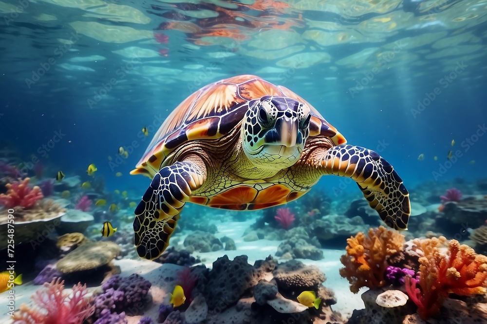 Obraz premium .underwater sea turtle swims red sea. Image for 3d floor. Underwater world. Turtle. corals