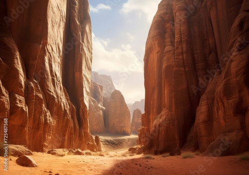 A serene desert canyon with towering rock formations