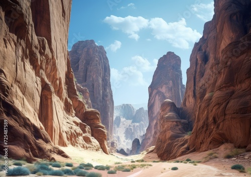 A serene desert canyon with towering rock formations