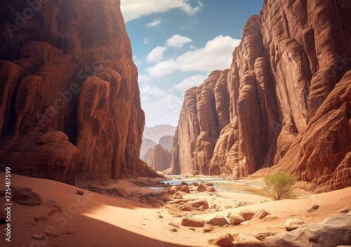 A serene desert canyon with towering rock formations
