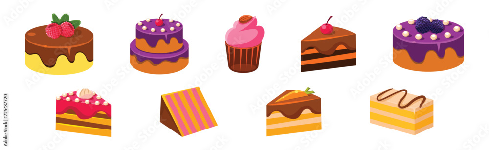 Sweet Cake and Cupcake Dessert with Cream Vector Set Sweet Cake and Cupcake Dessert with Cream Vector Set