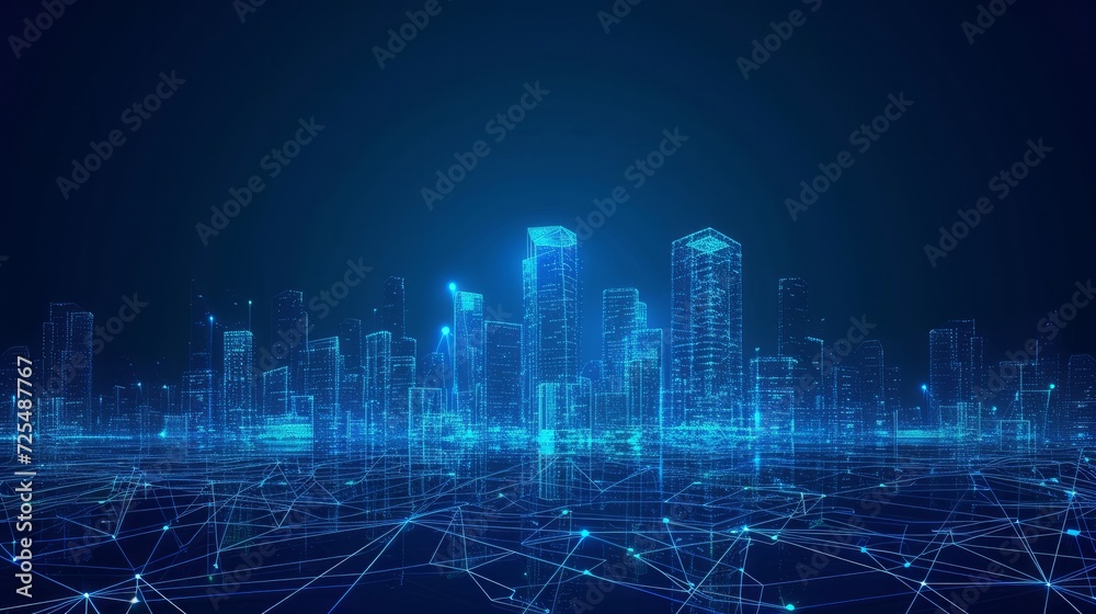 Wireframe landscape with Smart city. Technology background blue in low poly style. Data security 3d vector background. Global social network connection.   