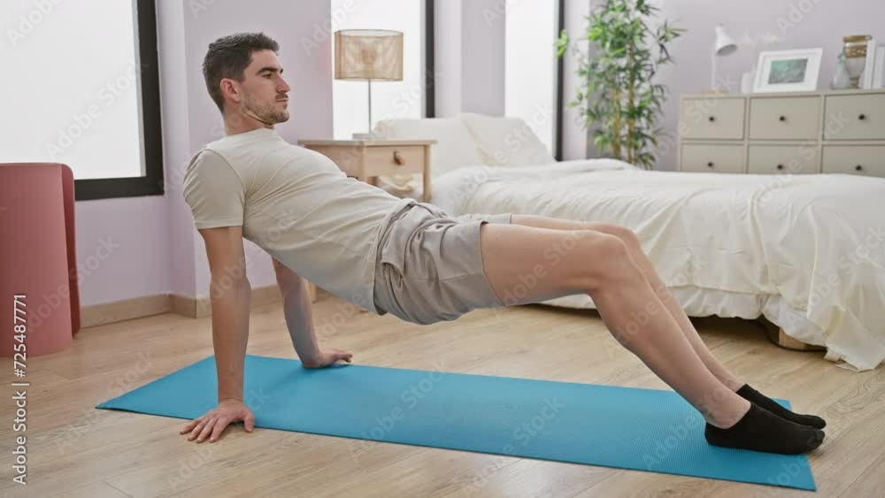 Handsome man exercising indoors in a bedroom demonstrating a workout routine on a blue yoga mat. Handsome man exercising indoors in a bedroom demonstrating a workout routine on a blue yoga mat.
