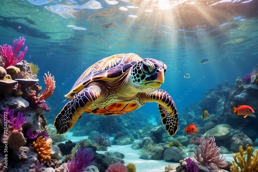 Obraz premium .underwater sea turtle swims red sea. Image for 3d floor. Underwater world. Turtle. corals
