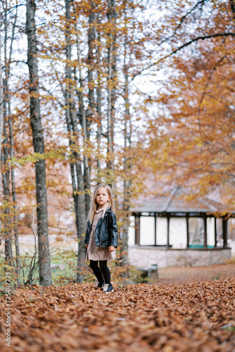 Little girl stands half-turned in the autumn forest, thoughtfully looking into the distance