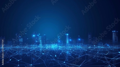 Wireframe landscape with Smart city. Technology background blue in low poly style. Data security 3d vector background. Global social network connection.    photo