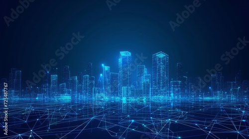 Wireframe landscape with Smart city. Technology background blue in low poly style. Data security 3d vector background. Global social network connection.   