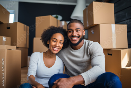 Black couple in the living room of their new house after moving in, surrounded by open moving boxes photo