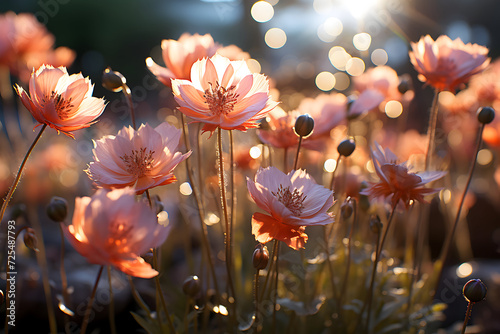Beautiful flowers in the garden at sunset. Soft focus and shallow DOF.