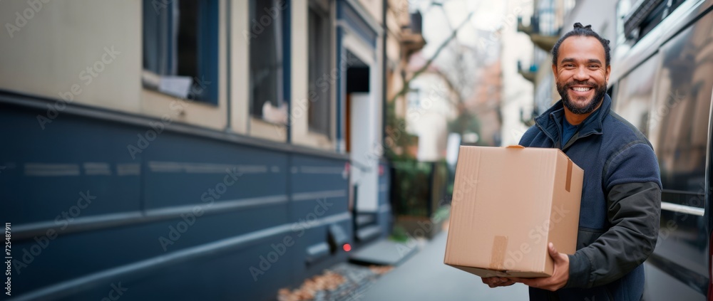 Delivery courier service. smiling delivery man in uniform holding a cardboard box delivering to customer home., horizontal background, copy space for text Delivery courier service. smiling delivery man in uniform holding a cardboard box delivering to customer home., horizontal background, copy space for text