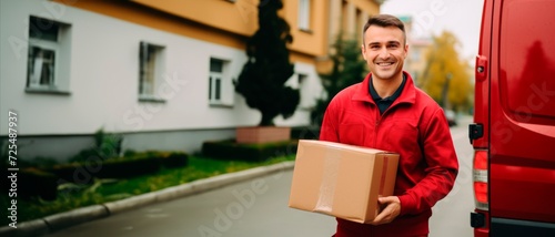 Delivery courier service. smiling delivery man in uniform holding a cardboard box delivering to customer home., horizontal background, copy space for text  © XC Stock