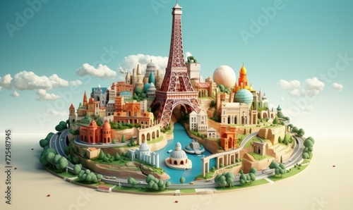 fantasy eiffel island with mountains. 3d illustration of island with beautiful land scape.