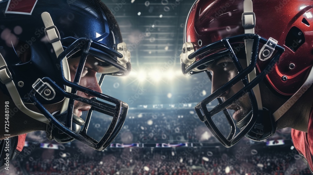 Fototapeta premium Two American football players facing each other, helmets touching, in a confrontational stance with a stadium crowd in the background. 