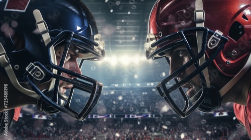 Two American football players facing each other, helmets touching, in a confrontational stance with a stadium crowd in the background.  ©  valentinaphoenix