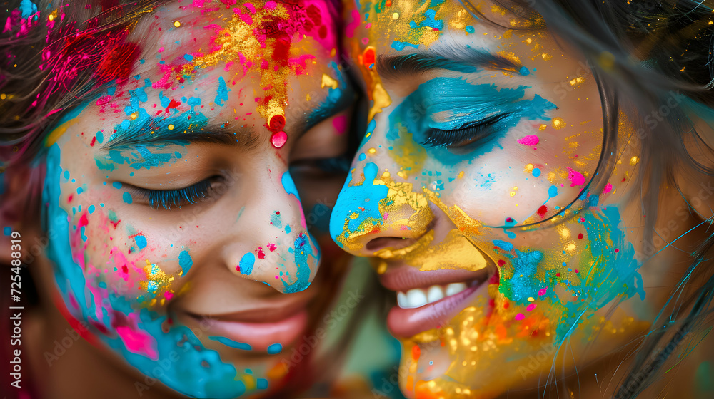 Close-up of two faces with Holi colors.