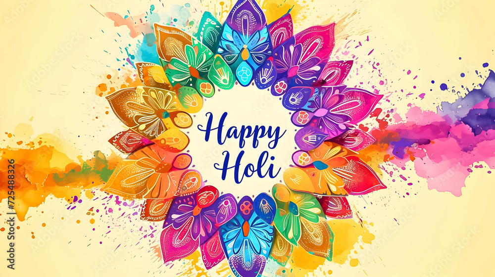Holi festival card with a bright floral mandala and festive wishes. - obrazy, fototapety, plakaty 