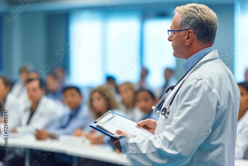 A medical specialist presenting a case study during grand rounds, emphasizing the educational and collaborative aspects of the medical field