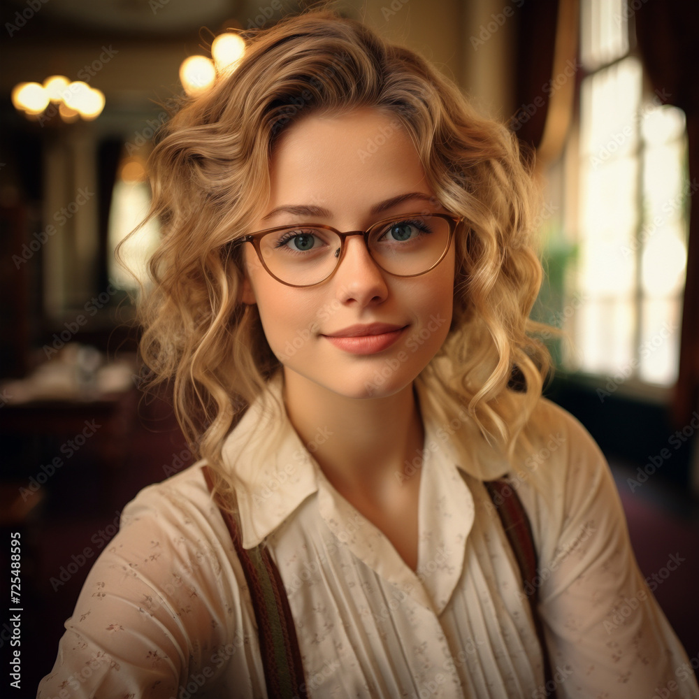 24 year old blonde woman with green eyes and gold-rimmed glasses in the lobby of an Italian hotel, happy 24 year old blonde woman with green eyes and gold-rimmed glasses in the lobby of an Italian hotel, happy