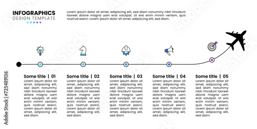 Infographic template. Airplane with line and 5 steps