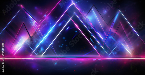 Abstract technology futuristic neon triangle glowing blue and pink light lines with speed motion blur effect on dark blue background
