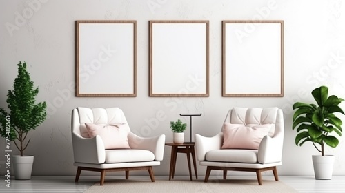 Wooden armchairs in room with white wall and big frame poster on it. Scandinavian style interior design of modern living room © Usman