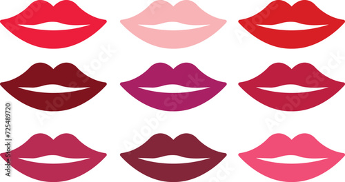 Mouth lips flat icon set in filled vector collection girl kiss pictogram in different color. woman lips shape design Beauty concept. Trendy style isolated transparent background.