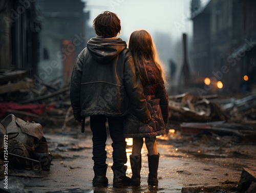 children, devastation, poverty, trouble, earthquake. children alone on the street in front of a destroyed house