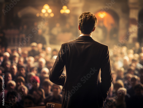 Businessman making. Retro Style a speech in front of crowds. High quality photo