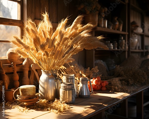 Still life with wheat ears on a table in a rustic kitchen