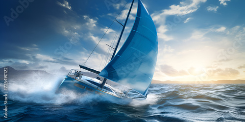 Sailboat in the ocean with a dark sky and clouds, Realistic photo blue sky sea beautiful waves sailboat,