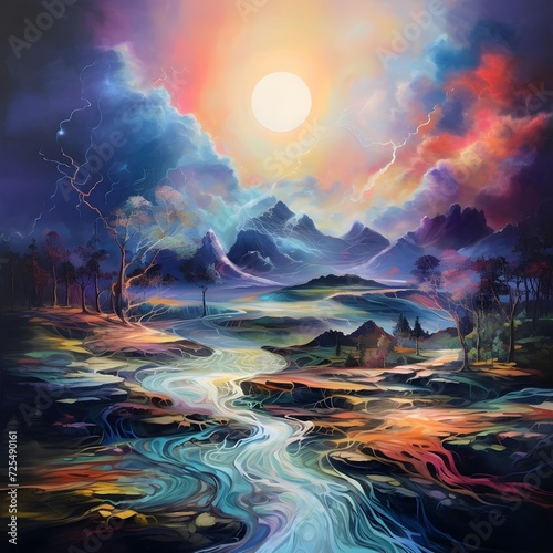 Beautiful landscape with lake, mountains and sunset. Digital painting.