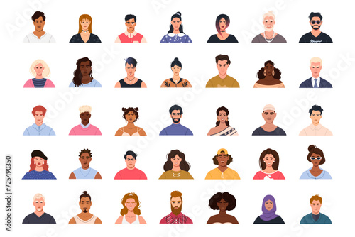 A large set of vector avatars of modern diverse multicultural multinational men and women. A collection of faces of male and female characters of different appearance. Illustration in a flat style