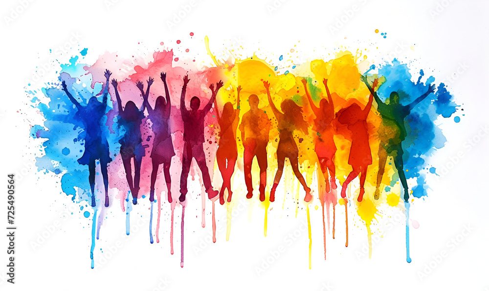  idea. People in a Row Watercolor Splash Drawing Silhouette. group of people, head profile painted, colorful silhouette