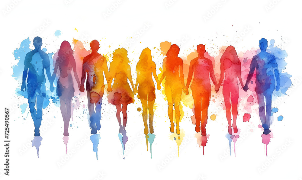 idea. creative. People in a Row Watercolor Splash Drawing Silhouette. group of people, head profile painted, colorful silhouette. UNITY, SOLIDARITY, MULTINATIONALITY idea. creative. People in a Row Watercolor Splash Drawing Silhouette. group of people, head profile painted, colorful silhouette. UNITY, SOLIDARITY, MULTINATIONALITY