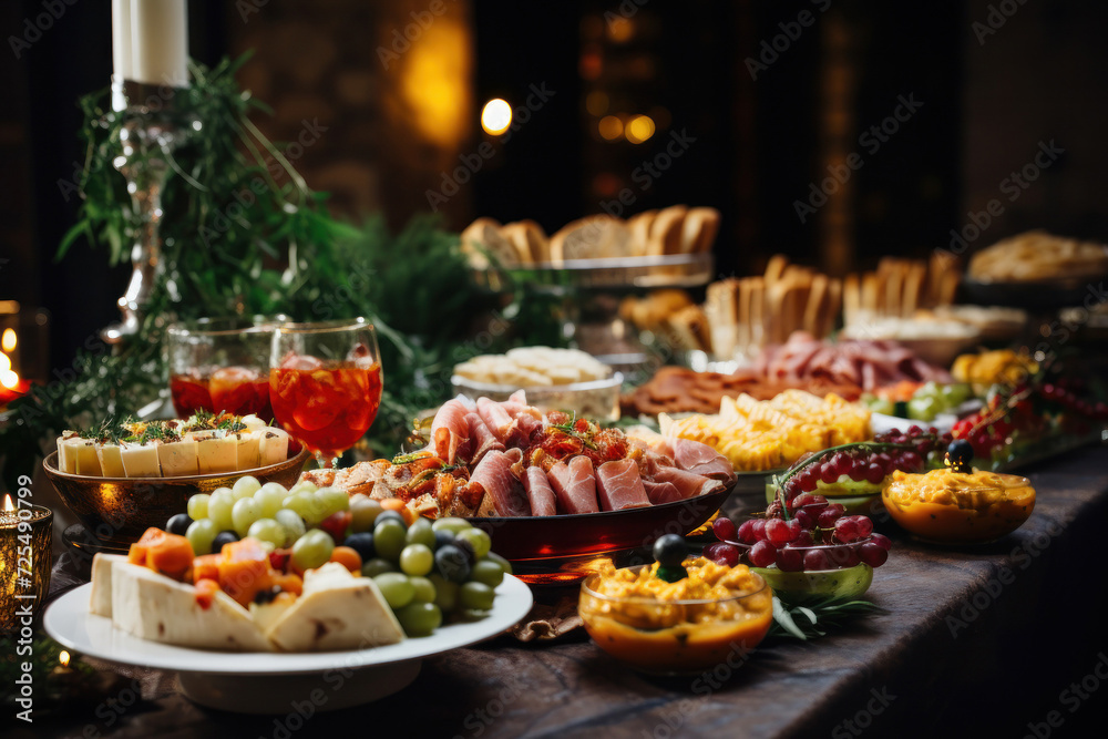 A delightful appetizer spread at a catered event, featuring a variety of fresh, gourmet dishes.