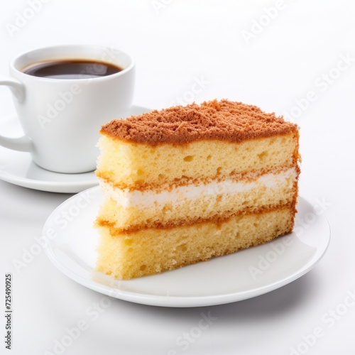 Cheesecake with white chocolate and cocoa and a cup of coffee. White background.