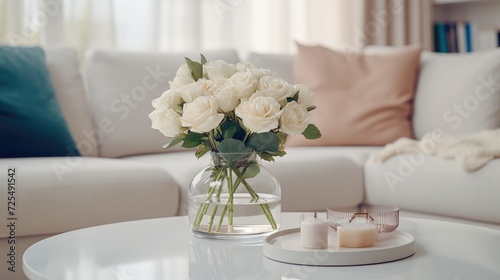 Close up of glass vase with flowers on round coffee table near white sofa. Scandinavian style home interior design of modern living room