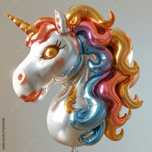 AI generated illustration of a hanging unicorn balloon in silver and gold foil
