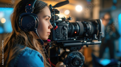 Close up profile headshot photo of female successful young woman Video camera operator with equipment at work