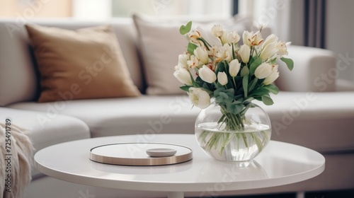 Close up of glass vase with flowers on round coffee table near white sofa. Scandinavian style home interior design of modern living room © Usman