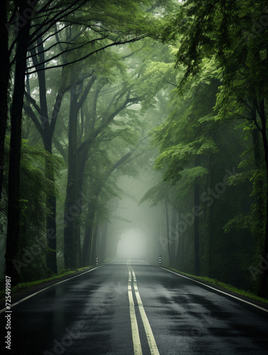 Empty winding evening road leading through a mist-covered forest under a brooding cloudy sky  evoking mystery and tranquility.