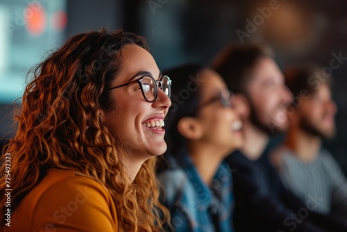 Close-up shot featuring a people of people with genuine smiles and laughter, thoroughly engaged in a startup business talk