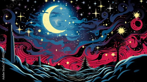 The moon with stars in the galaxy background illustration