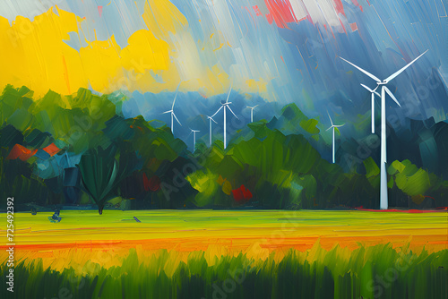 Wind turbines in the green fields and trees for alternative energy ecofriendly green power electricity generation concept backdrop oil painting style