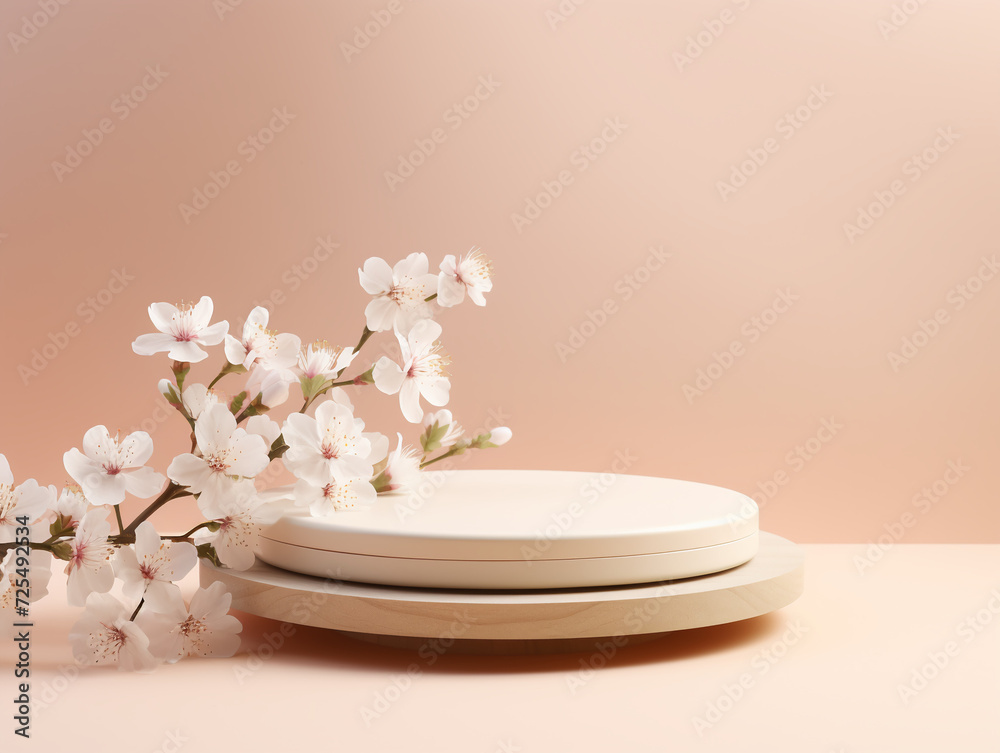 Spring flowering tree branch with white flowers on pastel beige background