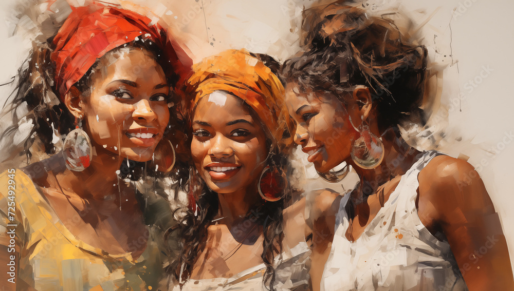 Close up of black African American women in headscarves watercolor style