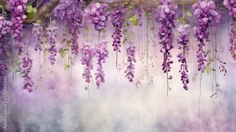 illustration of hanging garlands of beautiful blossoms, romantic style, purple and green colors on a grunge background - obrazy, fototapety, plakaty 