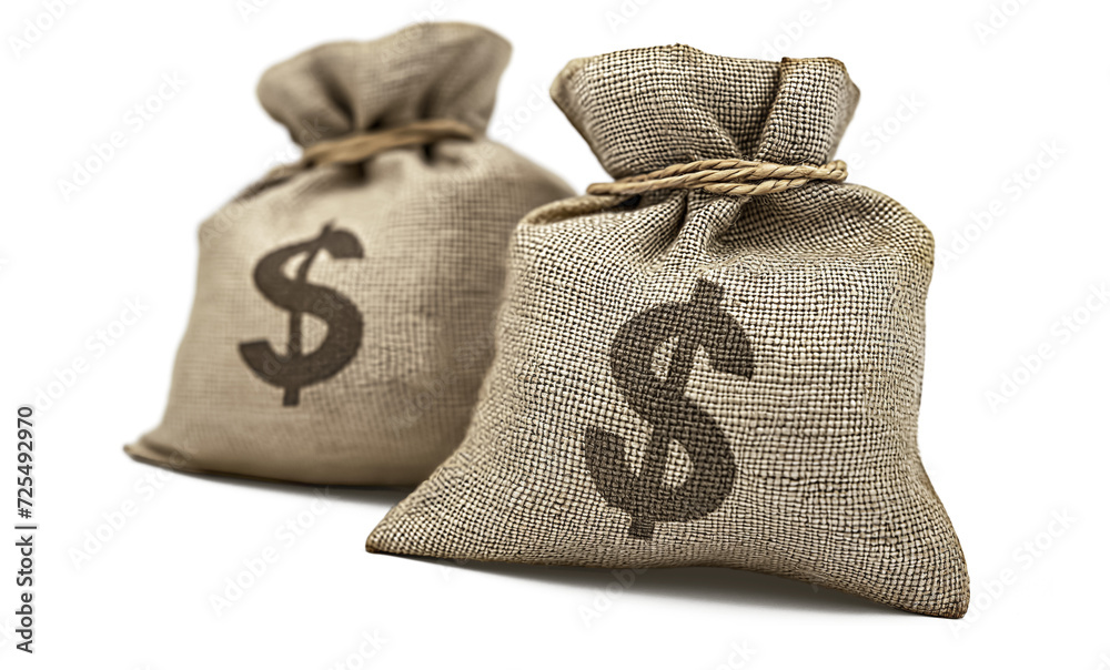 Burlap bags with dollar signs isolated on white transparent background, png.
Burlap bags with dollar signs isolated on white transparent background, png.